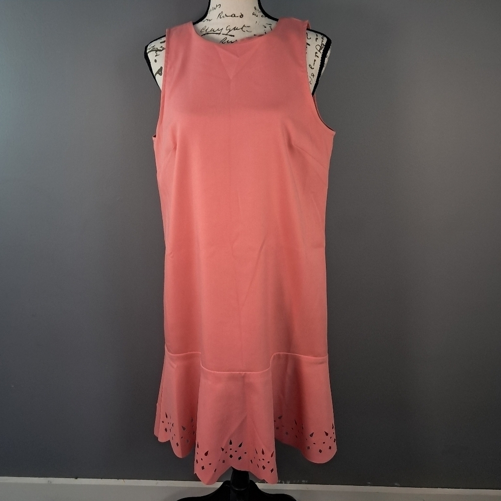 Ann Taylor Loft Salmon Pink Laser Cut Ruffle flutter Hem Dress Size 8
